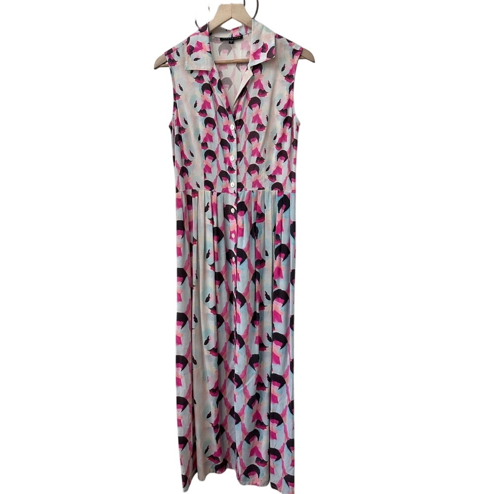 Abbey Glass Maxi Dress Small Multicolor Abstract Watercolor Button Front Pleated